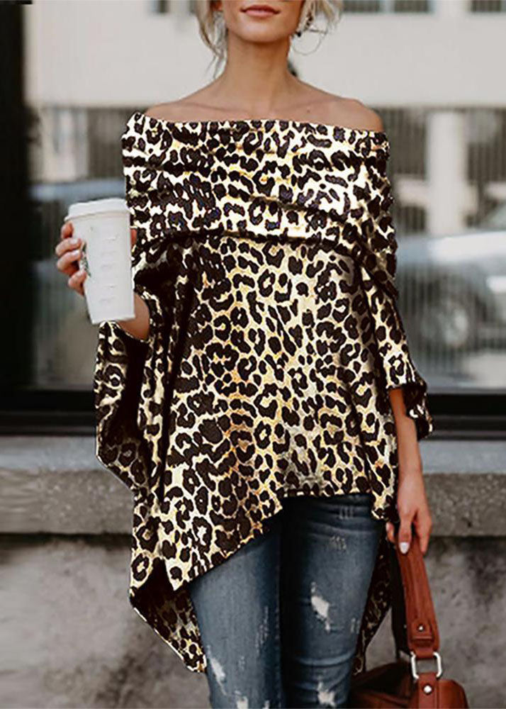 Sexy Slash Neck Asymmetrisches Design Schulterfrei Leopardenmuster Top Sommer