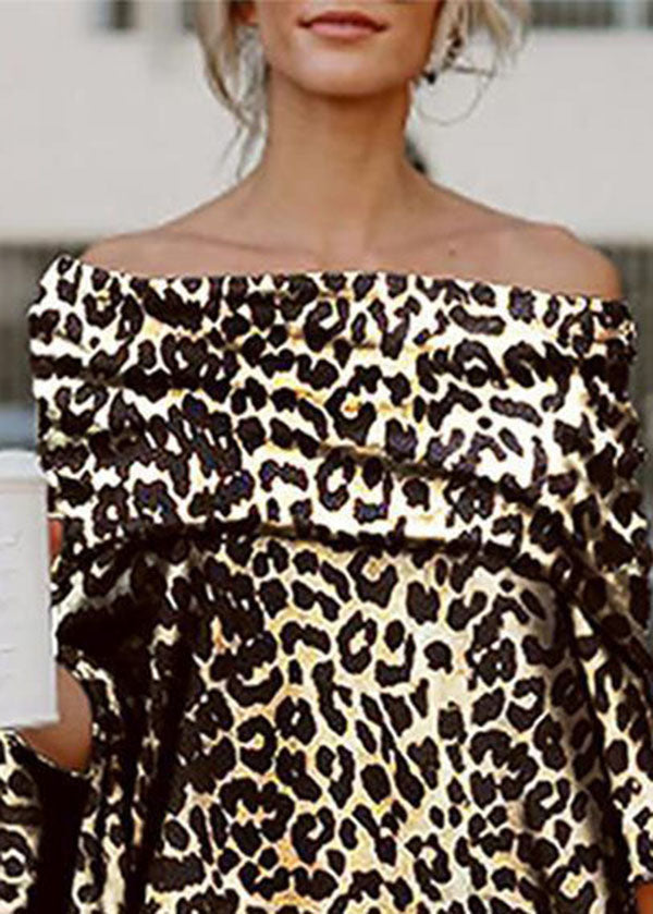 Sexy Slash Neck Asymmetrisches Design Schulterfrei Leopardenmuster Top Sommer