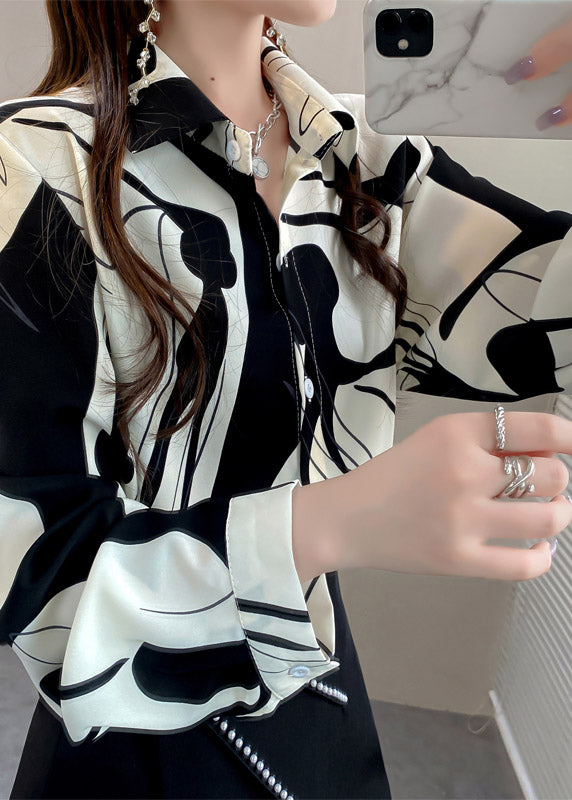 Sexy White Peter Pan Collar Print Button Chiffon Shirt Long sleeve