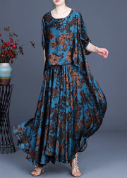 Silk floral irregular dress blue - bagstylebliss