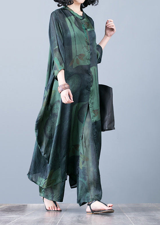 2024 thin green print chiffon wide-leg pants two-piece suit