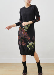 Silm Fit Black Print Side Open Long Knit Dress Spring