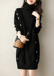 Silm Fit Black Turtle Neck Sequins Button Knit Dress Winter