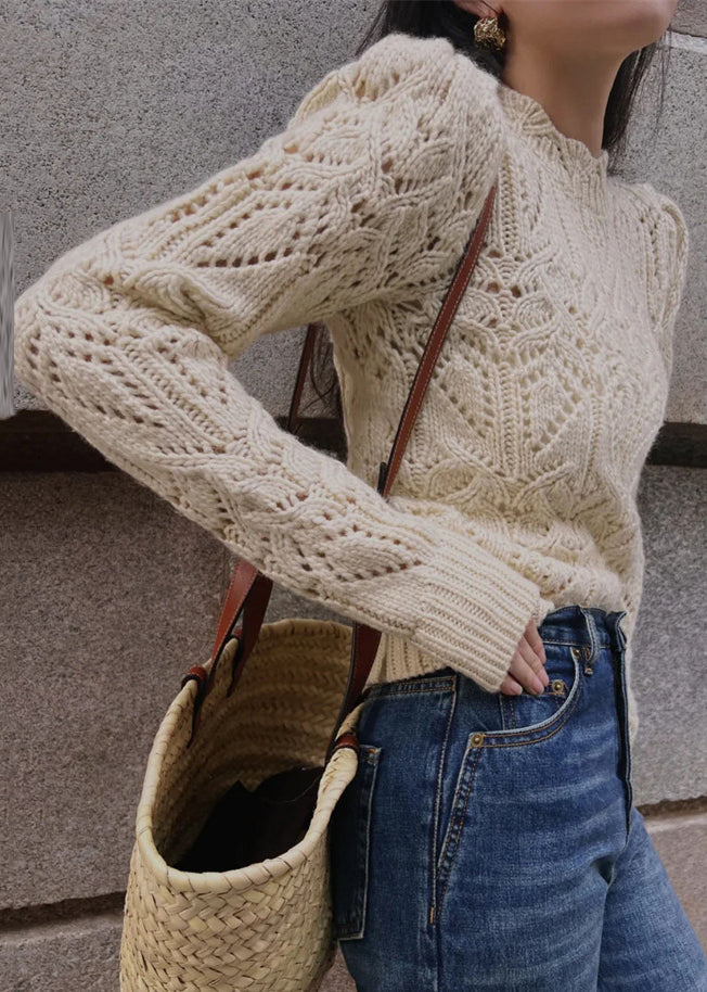 Simple Apricot Hollow Out Patchwork Knit Sweaters Fall