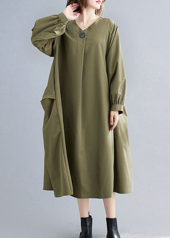 Simple Army Green V Neck Patchwork Cotton Dresses Spring