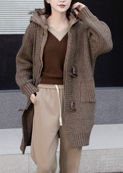 Simple Brown Button Fake Two Pieces Cotton Knit Hooded Coats Spring