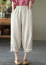 Simple Beige Elastic Waist PatchworkHarem Pants Linen - bagstylebliss