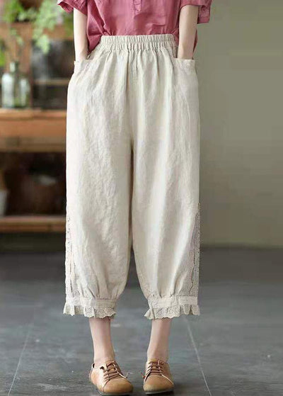 Simple Beige Elastic Waist PatchworkHarem Pants Linen - bagstylebliss