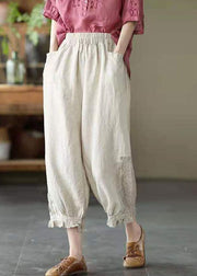 Simple Beige Elastic Waist PatchworkHarem Pants Linen - bagstylebliss