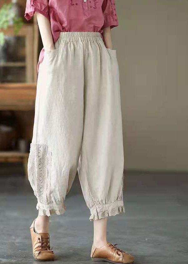 Simple Beige Elastic Waist PatchworkHarem Pants Linen - bagstylebliss