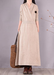 Simple Beige Quilting Clothes V Neck Asymmetric Spring Dress - bagstylebliss