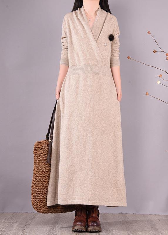 Simple Beige Quilting Clothes V Neck Asymmetric Spring Dress - bagstylebliss