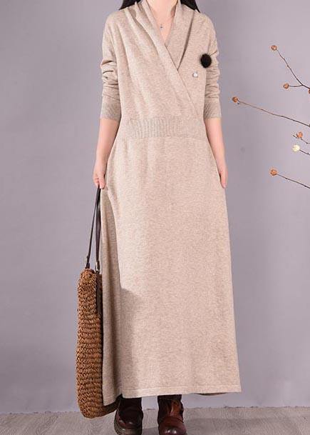 Simple Beige Quilting Clothes V Neck Asymmetric Spring Dress - bagstylebliss