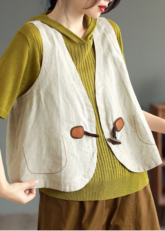 Simple Beige V Neck Button Patchwork Linen Vest Tops Sleeveless