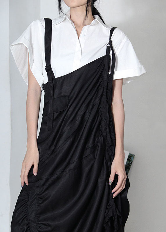 Simple Black Asymmetrical Design Wrinkled Summer Dresses Sleeveless