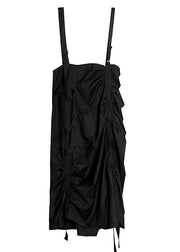 Simple Black Asymmetrical Design Wrinkled Summer Dresses Sleeveless