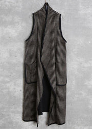 Simple Black Chocolate Striped Pockets Peter Pan Collar Fall Waistcoat Long - bagstylebliss
