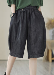 Simple Black Elastic Waist Pockets Solid Cotton Shorts Summer