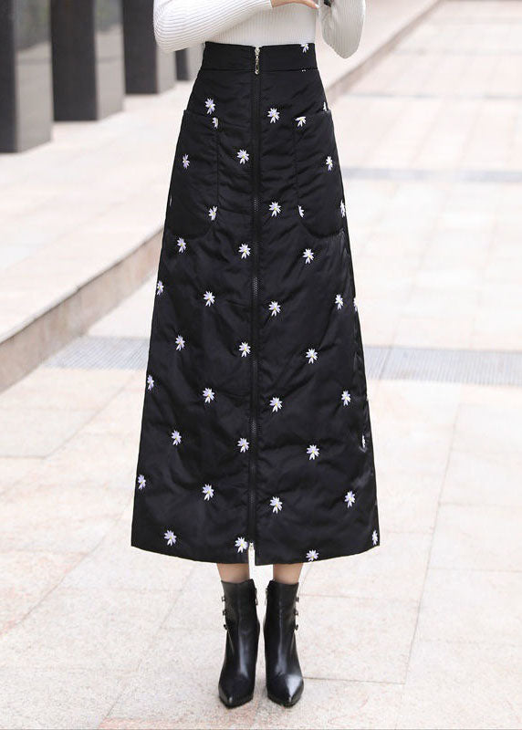 Simple Black Embroideried Pockets Fine Cotton Filled Skirts Winter