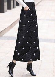 Simple Black Embroideried Pockets Fine Cotton Filled Skirts Winter