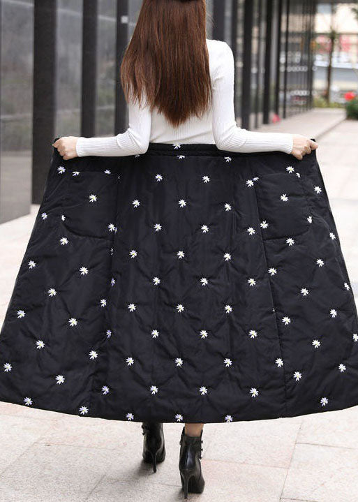 Simple Black Embroideried Pockets Fine Cotton Filled Skirts Winter