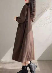 Simple Black Hign Neck Pockets Warm Fleece Long Dress Winter