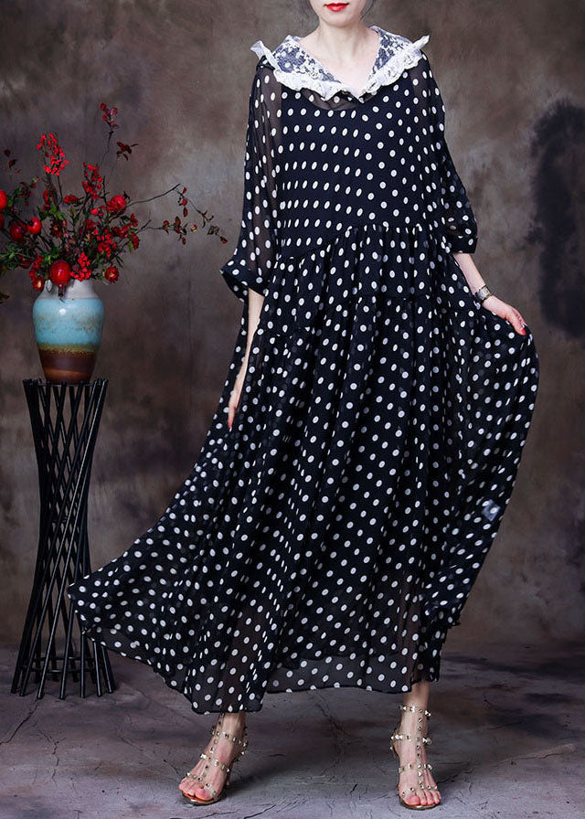 Einfaches schwarzes mit Kapuze Patchwork-Spitze-Punkt-Druck-Seiden-langes Kleid Zweiteiler-Frauen-Kleidungs-Sommer