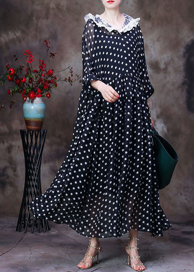 Einfaches schwarzes mit Kapuze Patchwork-Spitze-Punkt-Druck-Seiden-langes Kleid Zweiteiler-Frauen-Kleidungs-Sommer