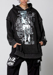 Simple Black Hooded Print Cotton Sweatshirts Spring