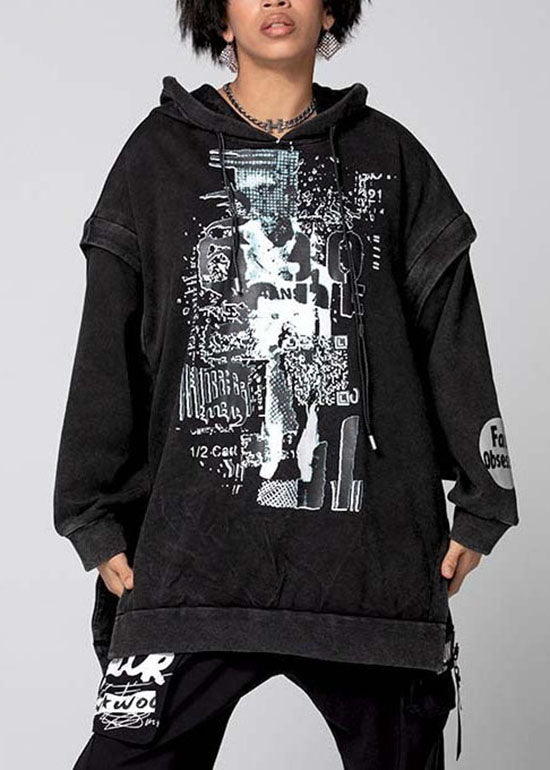 Simple Black Hooded Print Cotton Sweatshirts Spring