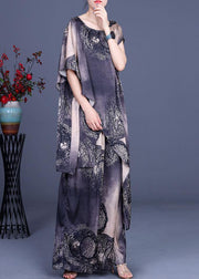 Simple Black Khaki Print Silk Asymmetrical design Wide Leg Two Pieces Set - bagstylebliss