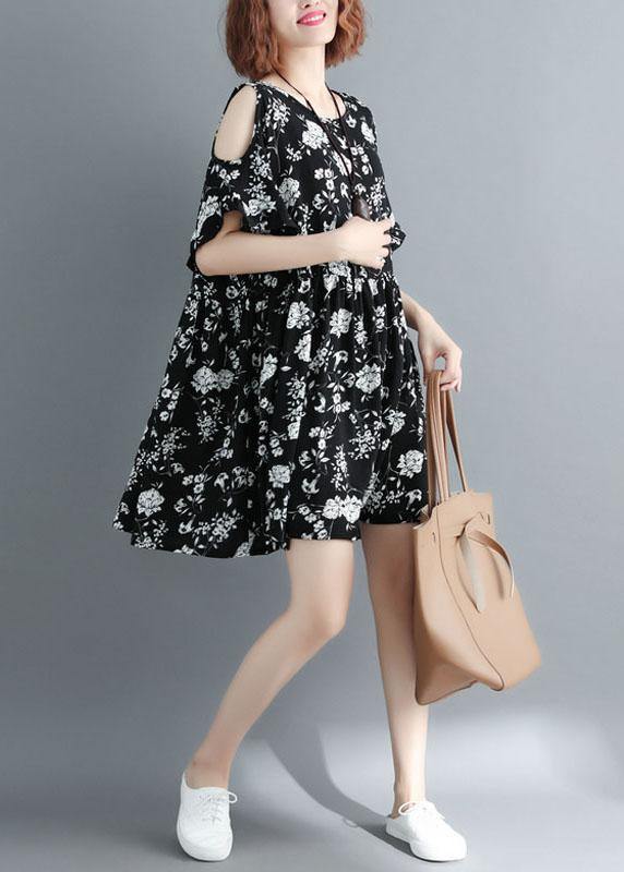 Simple Black Loose Print Summer Party Mini Dress Half Sleeve - bagstylebliss