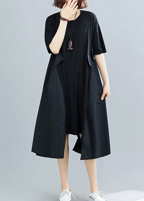 Simple Black O-Neck Asymmetrical Patchwork Dresses Short Sleeve