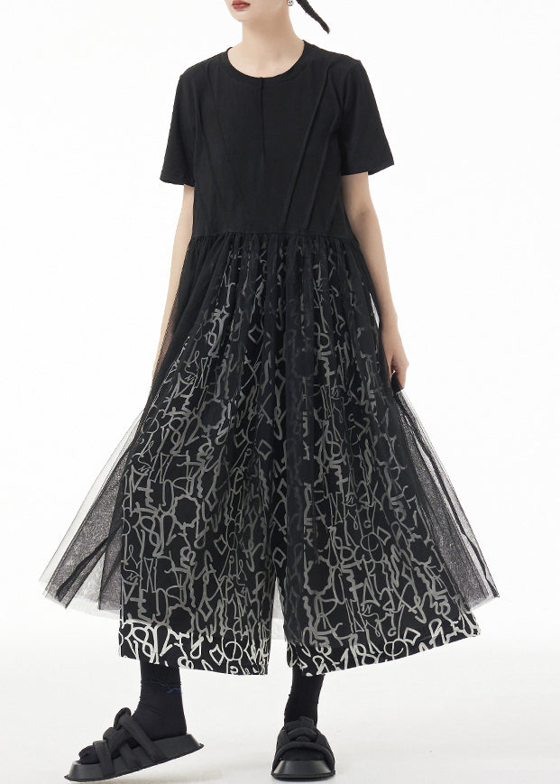 Simple Black O Neck Tulle Patchwork Dress Short Sleeve