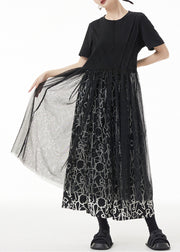 Simple Black O Neck Tulle Patchwork Dress Short Sleeve