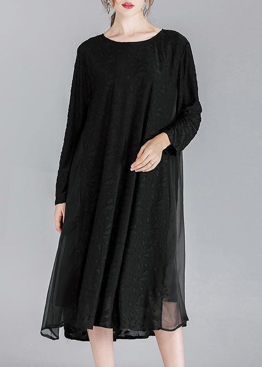 Simple Black Patchwork Chiffon Long Sleeve Spring Summer Dress - bagstylebliss