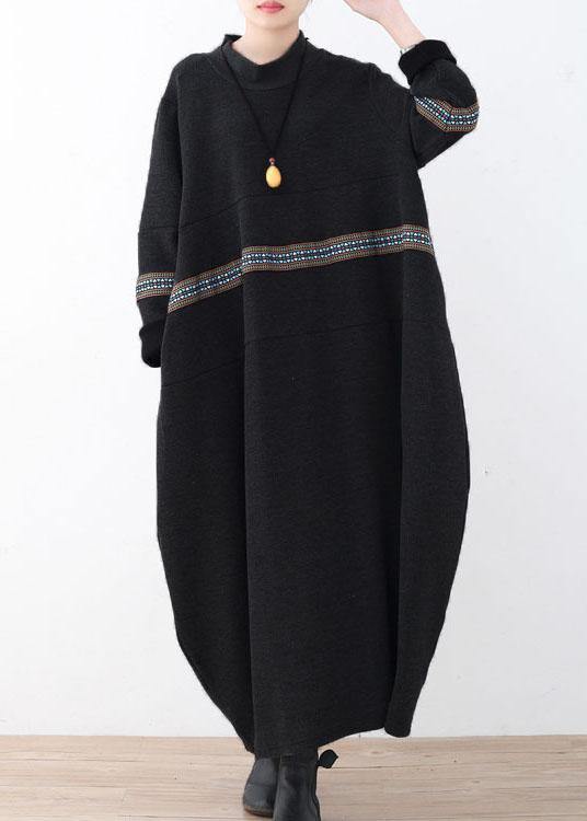 Simple Black Patchwork Print Loose Fall Dress - bagstylebliss