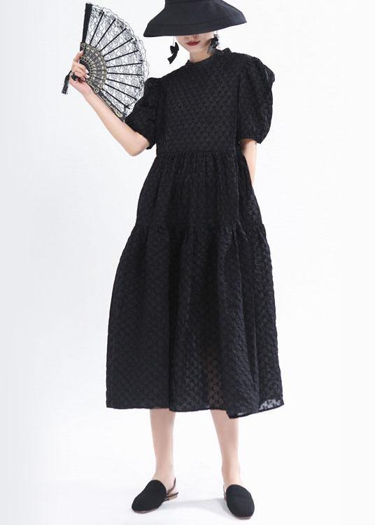 Simple Black Patchwork Puff Sleeve Summer Cotton Long Dresses - bagstylebliss