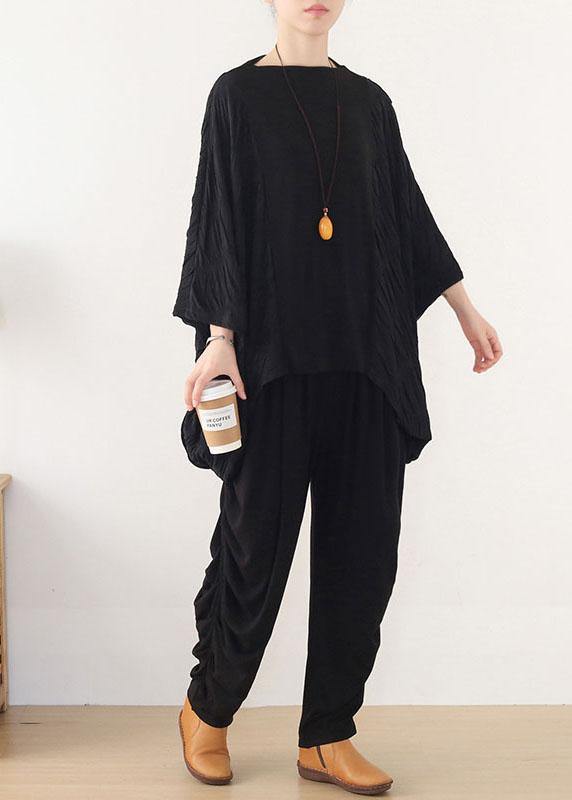 Simple Black Patchwork Wrinkled Batwing Sleeve Fall Shirt Tops - bagstylebliss