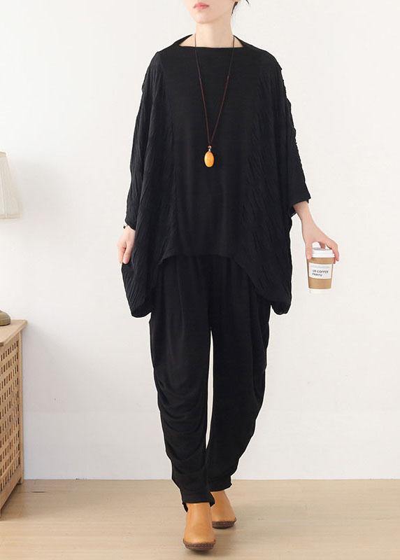 Simple Black Patchwork Wrinkled Batwing Sleeve Fall Shirt Tops - bagstylebliss