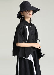 Simple Black Peter Pan Collar Asymmetrical Cotton Shirts Top Summer