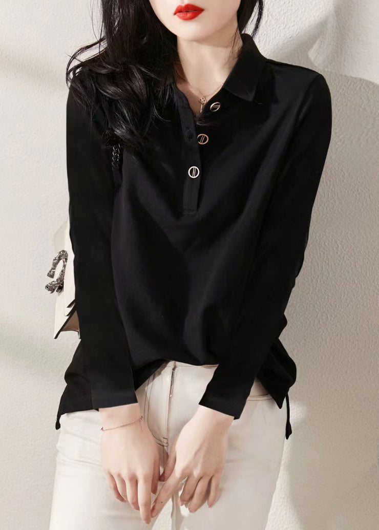 Simple Black Peter Pan Collar Button Cotton Top Long Sleeve