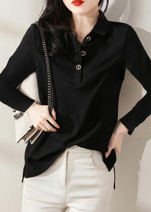 Simple Black Peter Pan Collar Button Cotton Top Long Sleeve