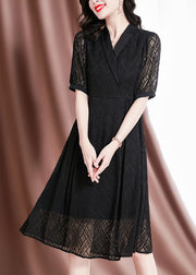 Simple Black Peter Pan Collar Hollow Out Tulle Silk Party Dress Short Sleeve