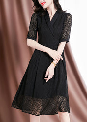 Simple Black Peter Pan Collar Hollow Out Tulle Silk Party Dress Short Sleeve