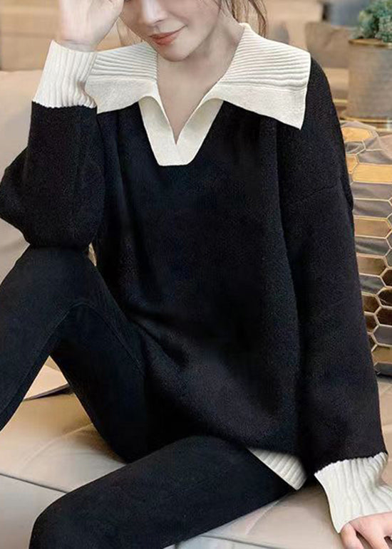 Simple Black Peter Pan Collar Thick Patchwork Knit Sweaters Fall