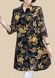 Simple Black Peter Pan Collar Yellow Print Silk Long Shirt Half Sleeve