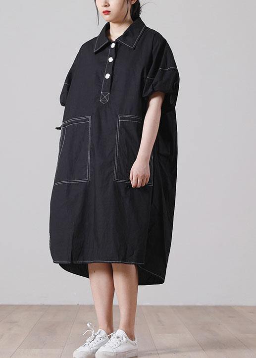 Simple Black Pockets Cotton long shirts Summer Dress - bagstylebliss