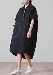 Simple Black Pockets Cotton long shirts Summer Dress - bagstylebliss