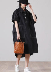 Simple Black Pockets Cotton long shirts Summer Dress - bagstylebliss